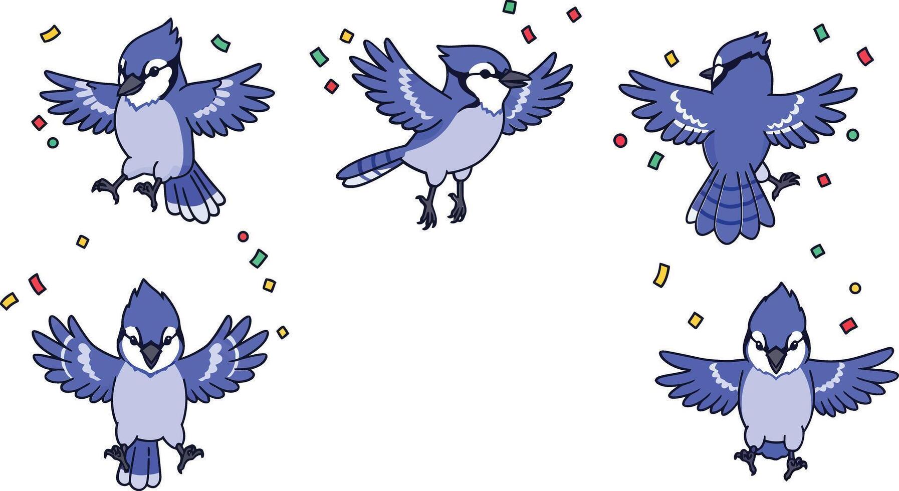 Colorful blue bird character in flat design showcasing various poses illustration vector