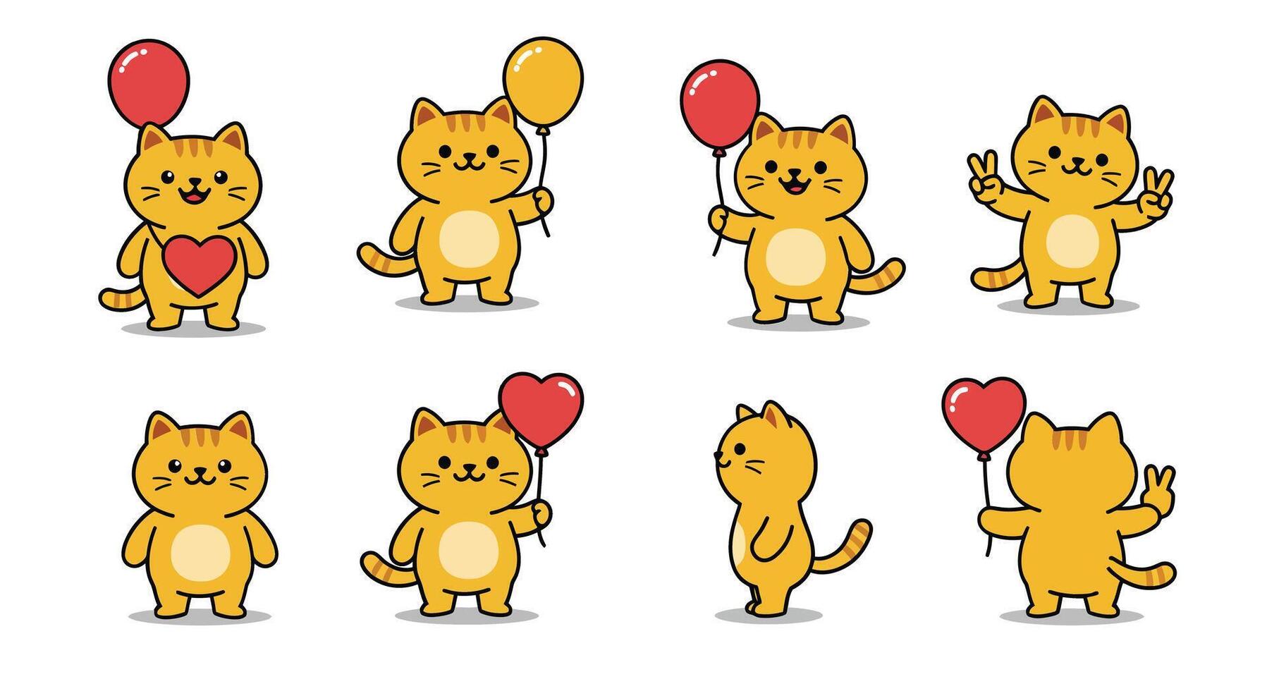 Cute orange cat with balloons in flat art style showing playful emotions and actions in illustration vector