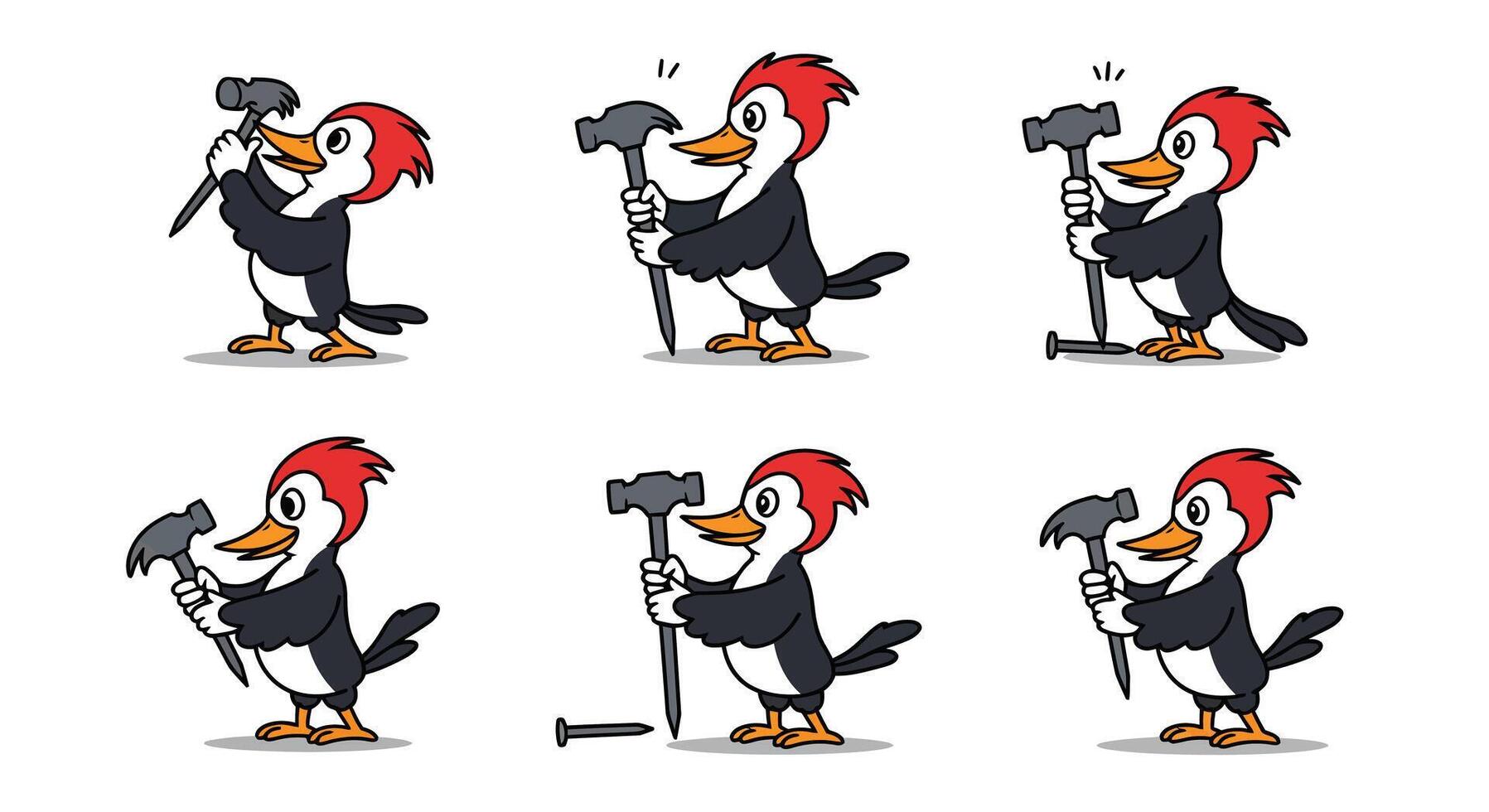 Woodpecker character in action with hammer, flat design style illustration vector