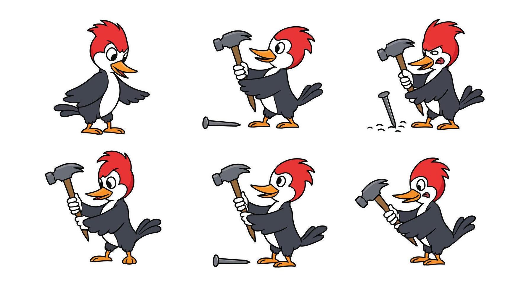 Woodpecker character in action sequence showing hammering technique in flat illustration vector