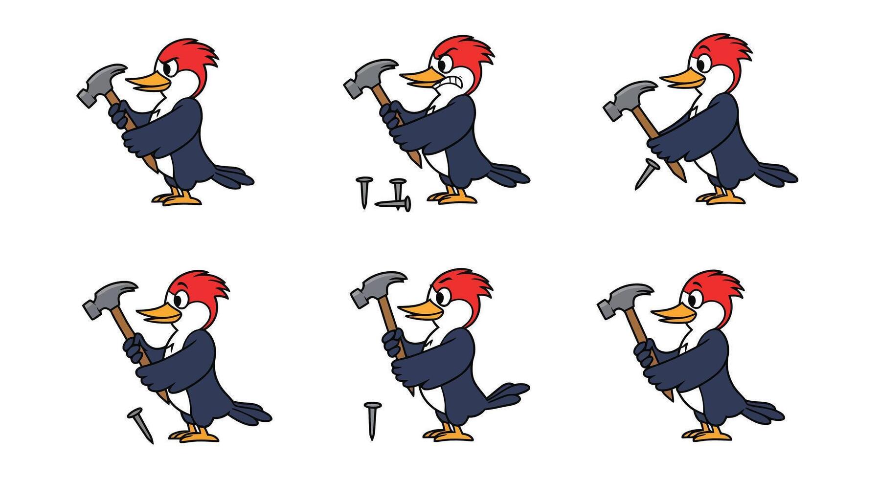 Cartoon woodpecker character in flat design swinging a hammer in art vector