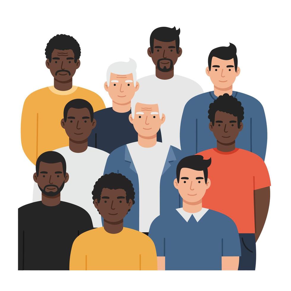 Group of diverse men standing together in flat illustration style vector