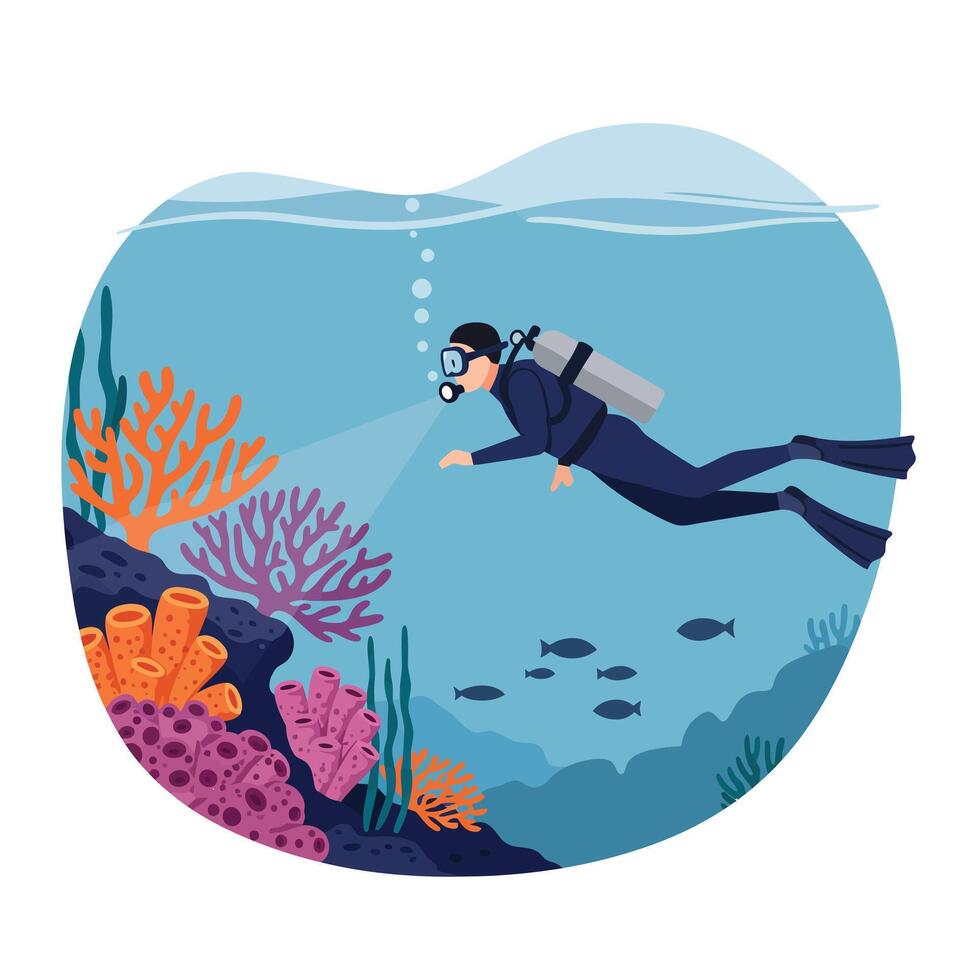 Scuba diver exploring vibrant coral reef in minimal flat illustration vector