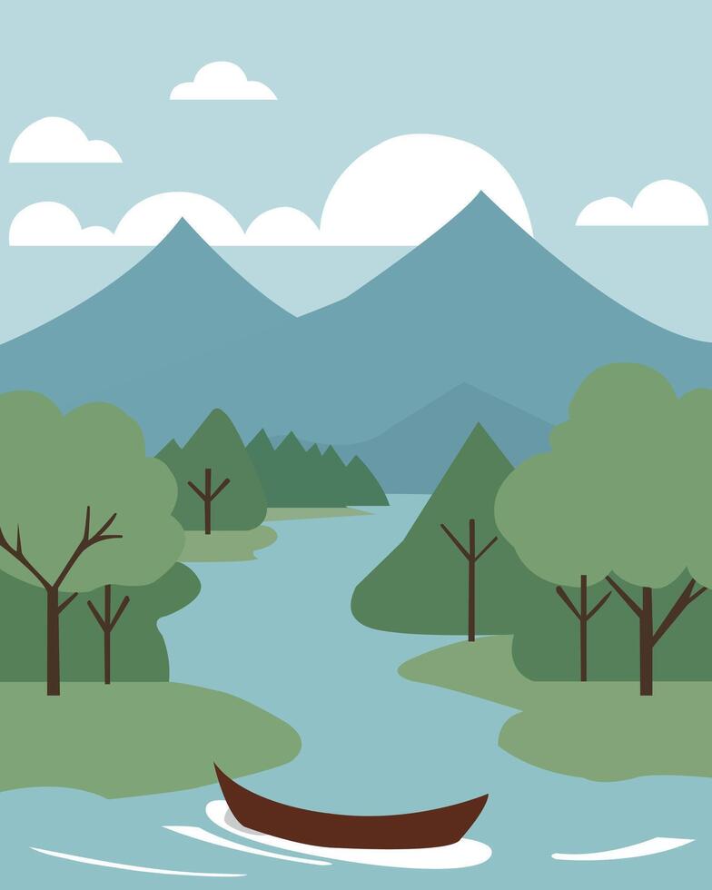 A boat floating down a river with trees and mountains in the background vector