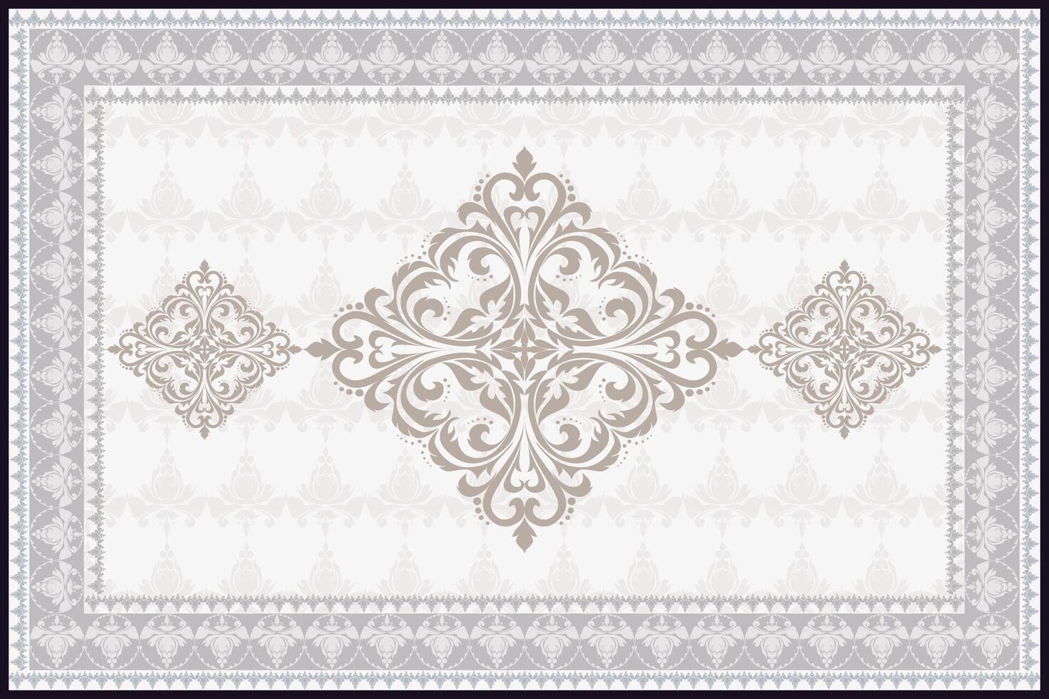 Damask patterns feature intricate, symmetrical motifs inspired by floral or ornamental designs. Often elegant and timeless, rugs. vector