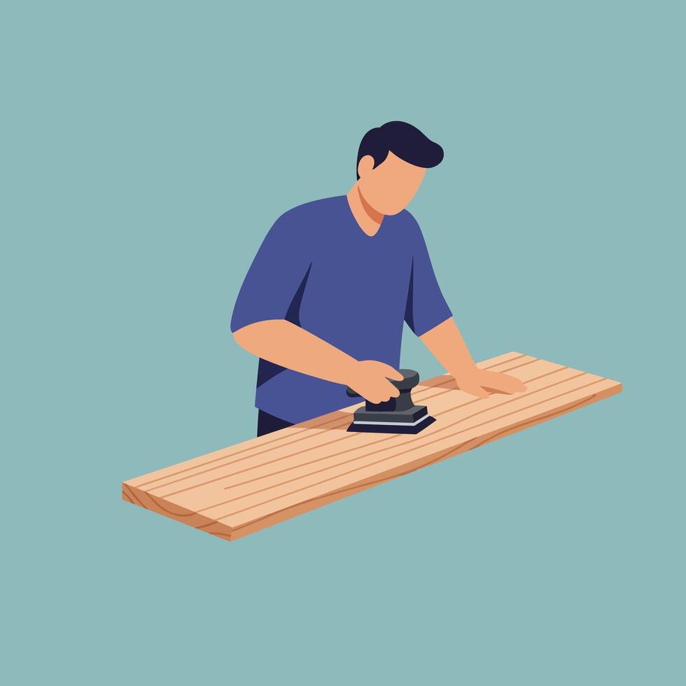 Woodworker applying finish to a wooden board in minimal art vector