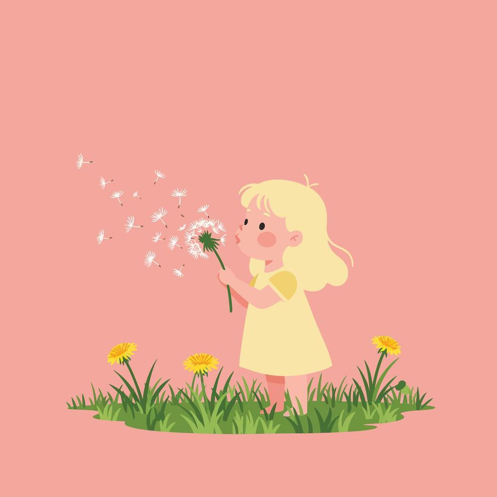 Girl blowing dandelion seeds in flat style art vector