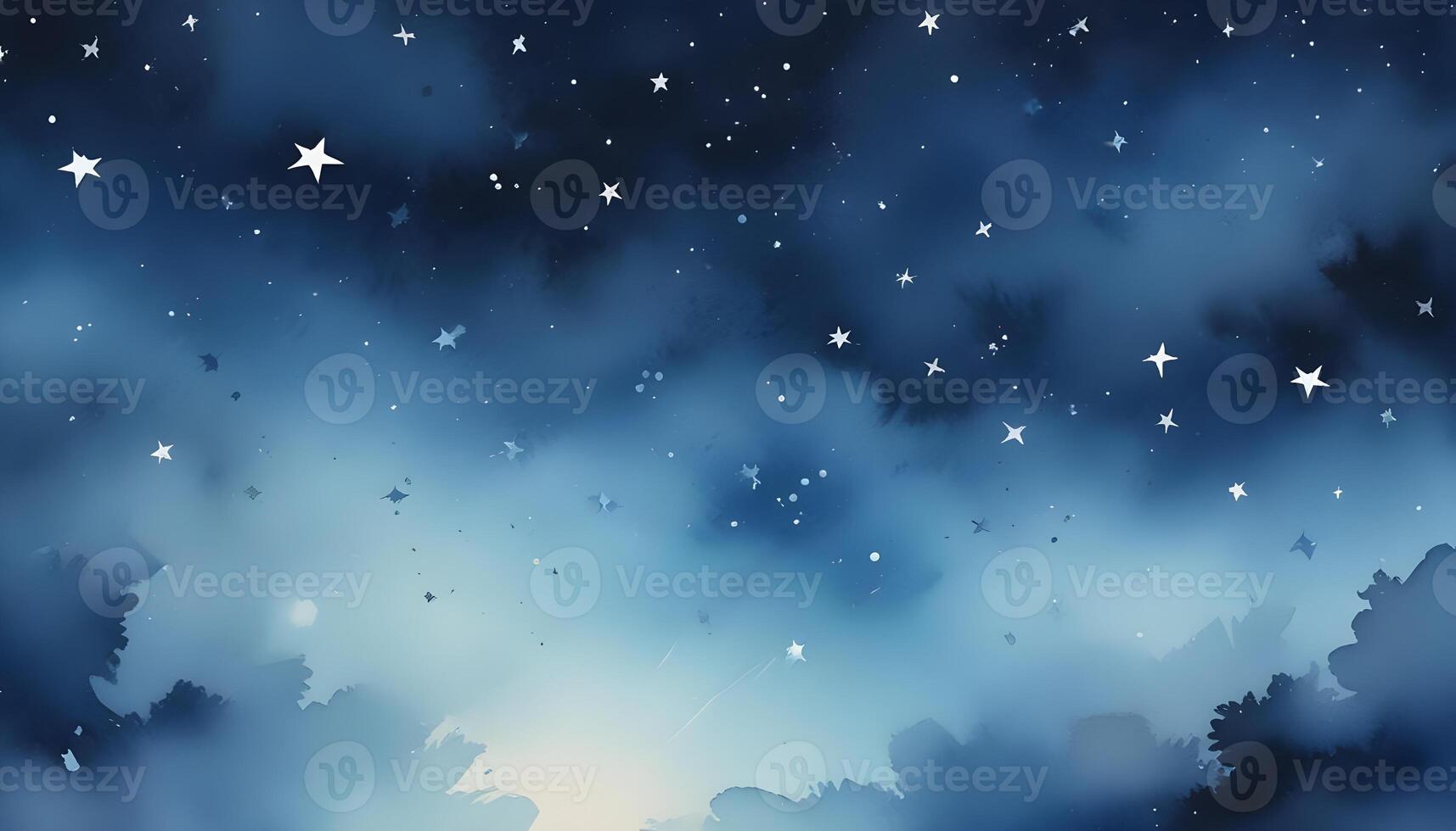An enchanting watercolor painting showcases a serene night sky filled with shimmering stars. photo
