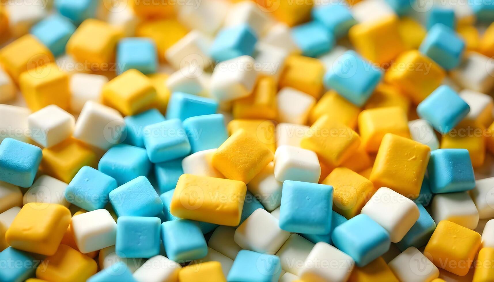 A captivating close-up showcases a scattering of colorful, square-shaped candies beautifully. photo