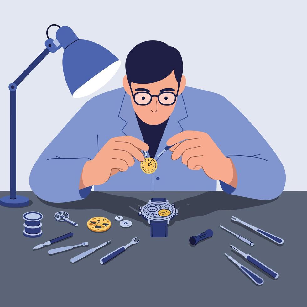 Watchmaker examining intricate gears in detailed flat art illustration vector