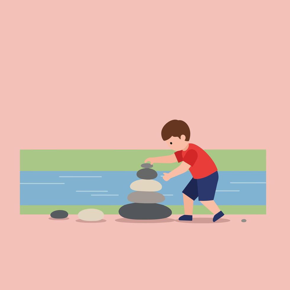 Child balancing stones by the river in flat minimal art vector