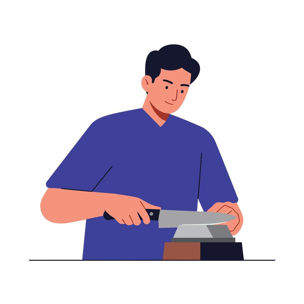 Man sharpening a knife with a whetstone in flat art vector