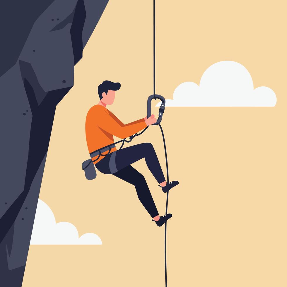 Rock climber ascending a steep cliff in flat art style vector