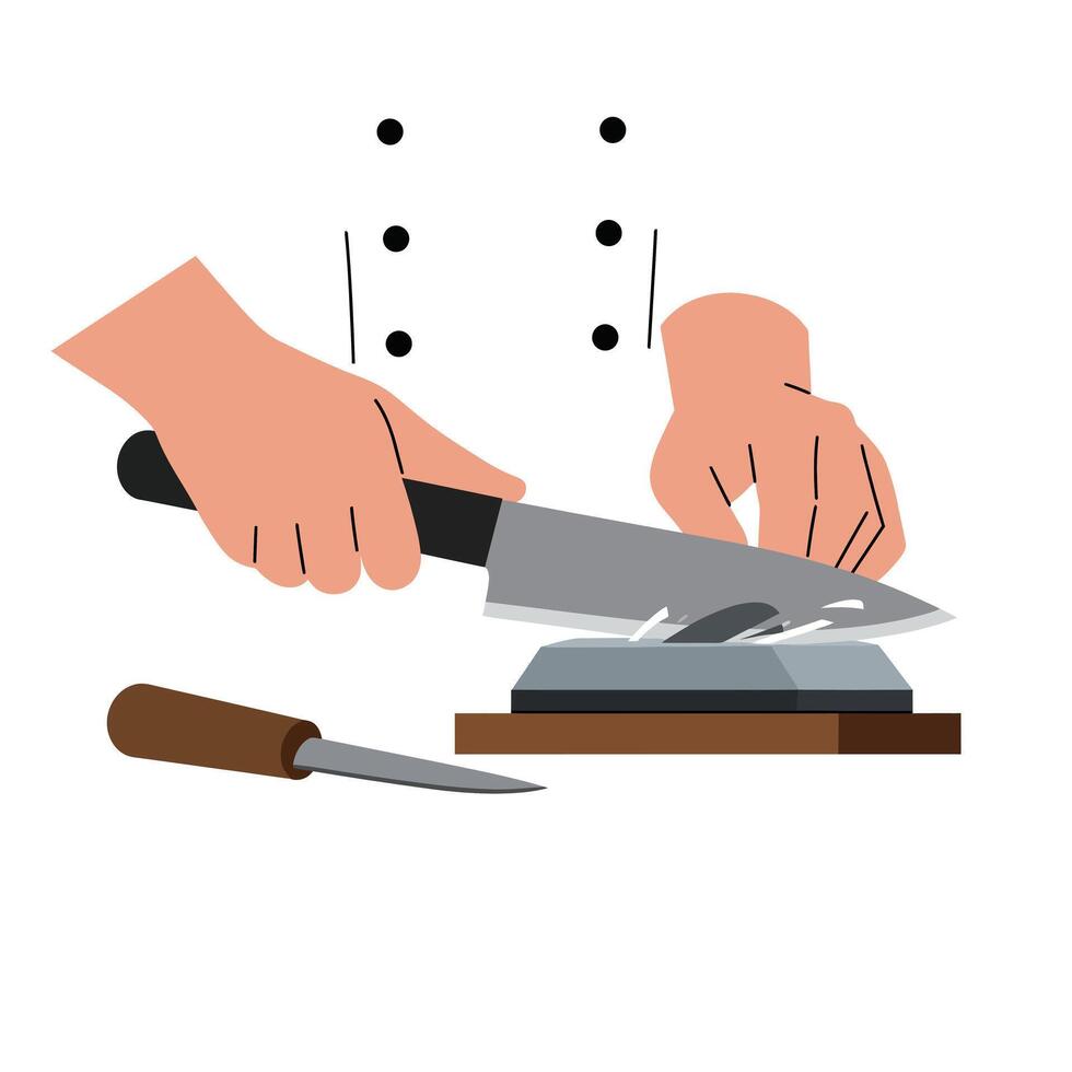 Chef sharpening knife using whetstone in flat style art vector