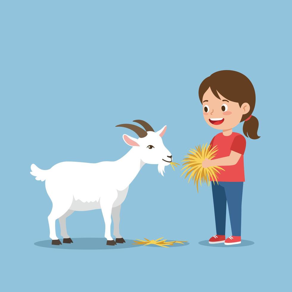 Happy child feeding a goat in flat illustration art style vector