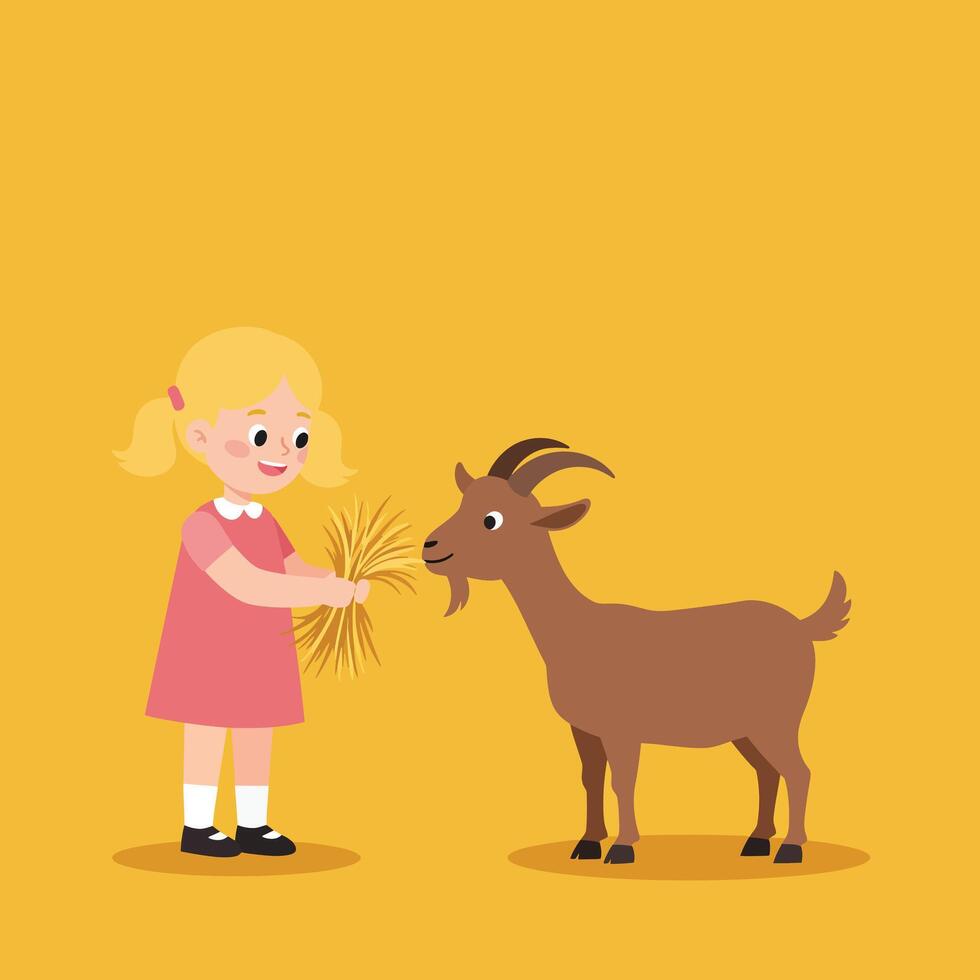 Child feeding a goat in playful flat design art vector