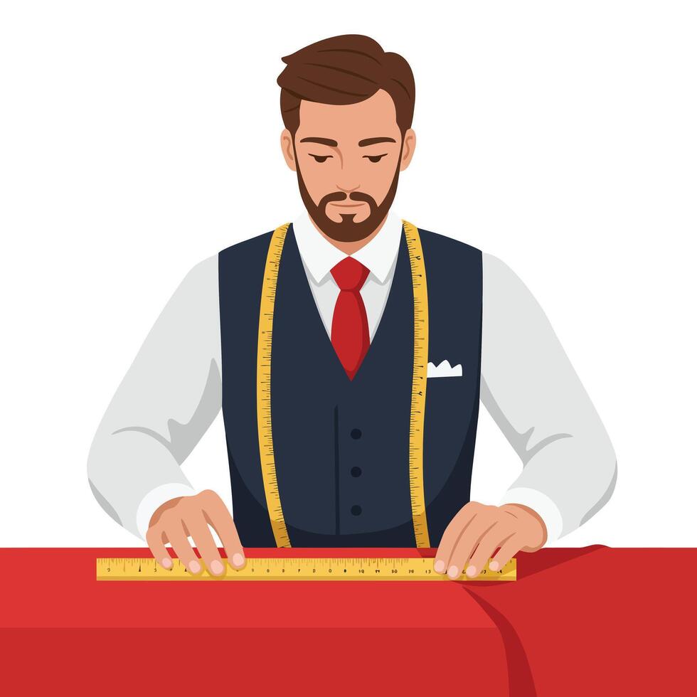 A tailor measuring fabric in a professional setting with flat design art vector