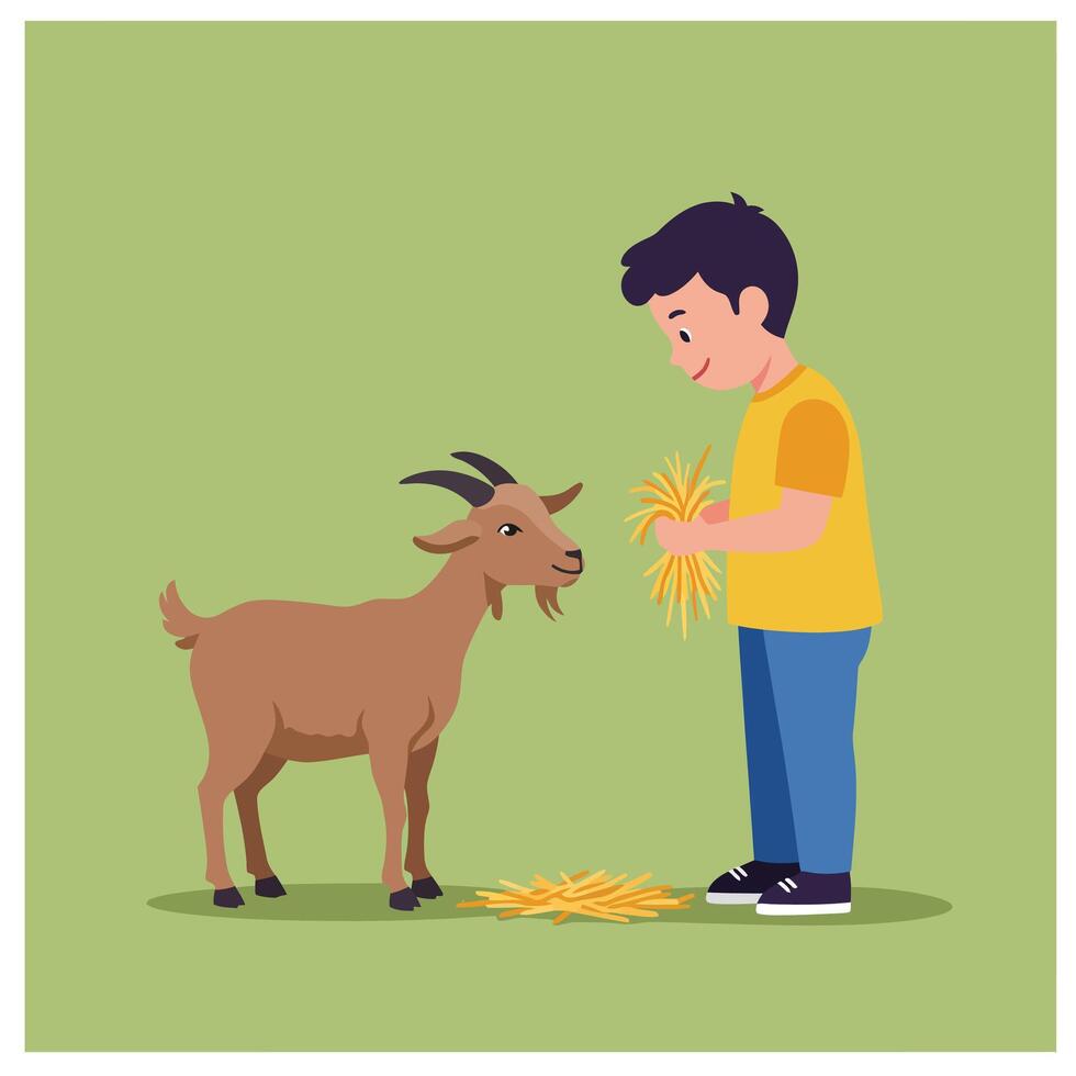 Boy feeding a goat with straw in flat illustration vector