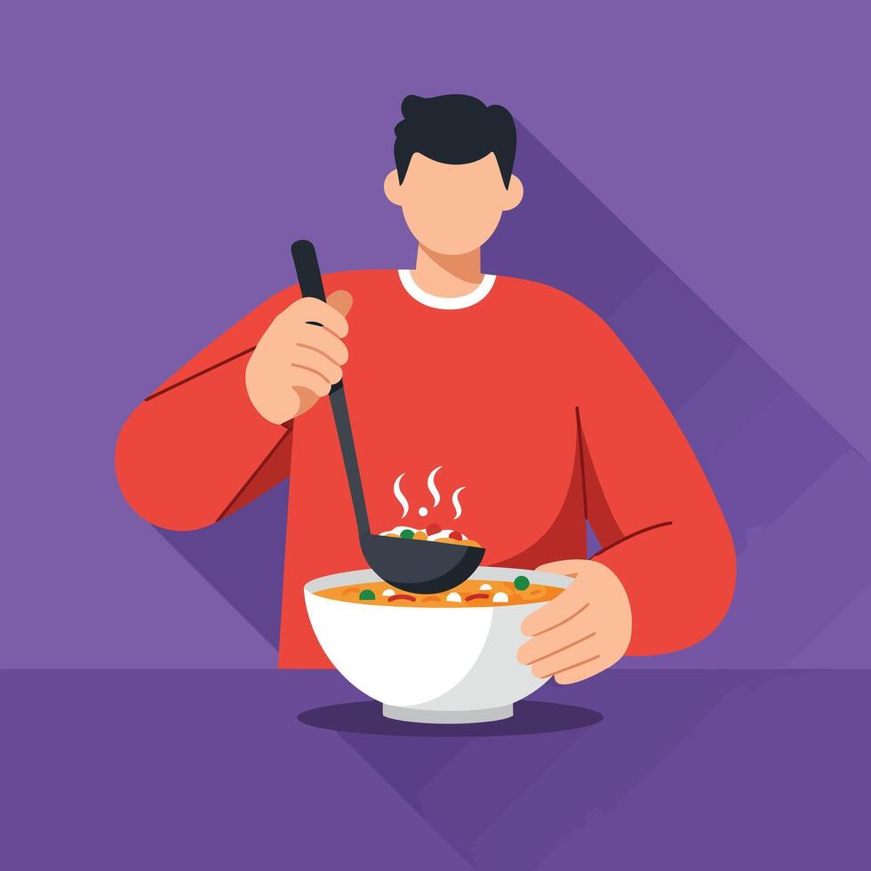 Person enjoying a delicious bowl of soup in flat art style vector