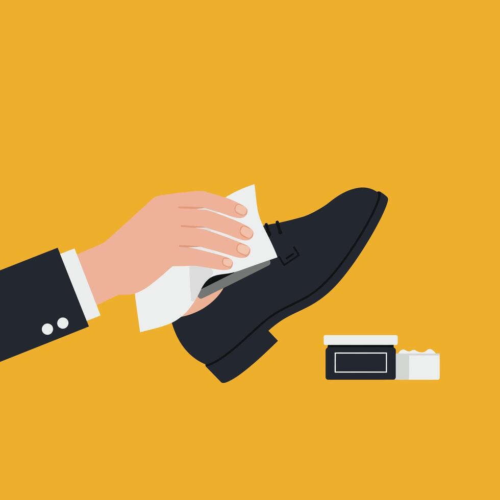 Hand polishing a shoe with cloth in flat art style illustration vector