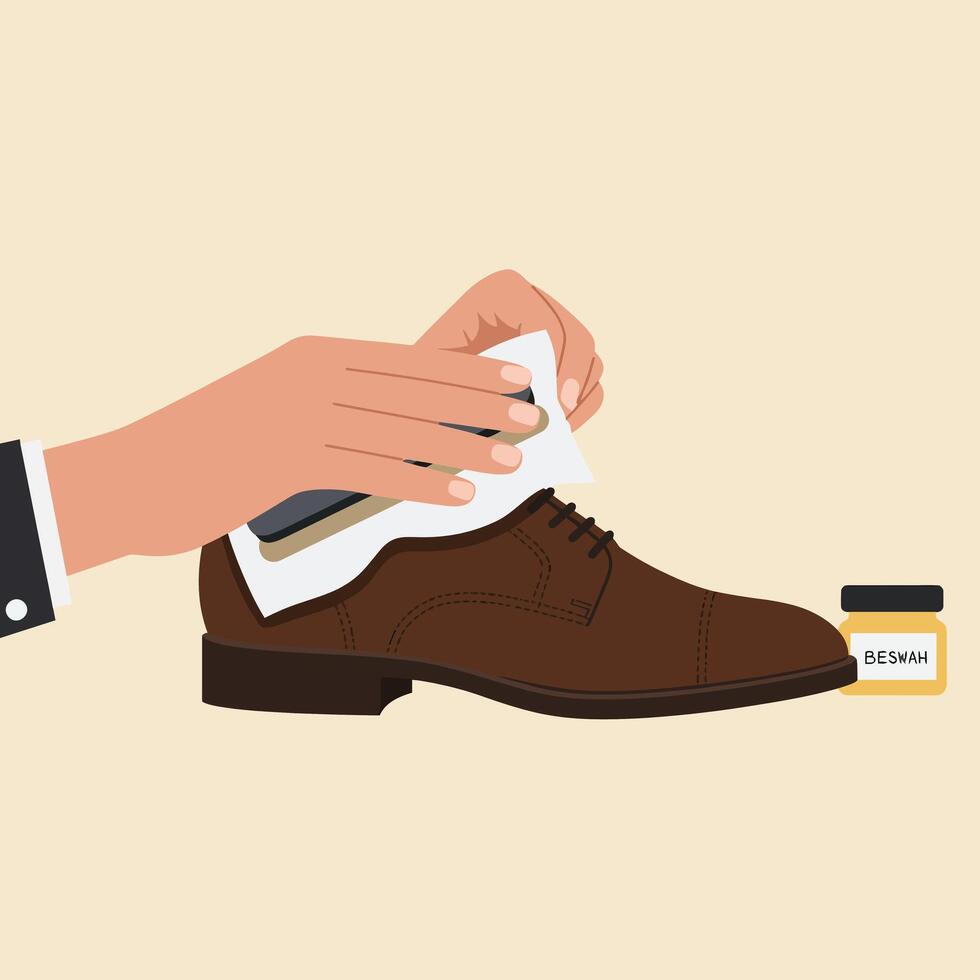 Shoe cleaning process illustration with hand applying polish in flat art vector