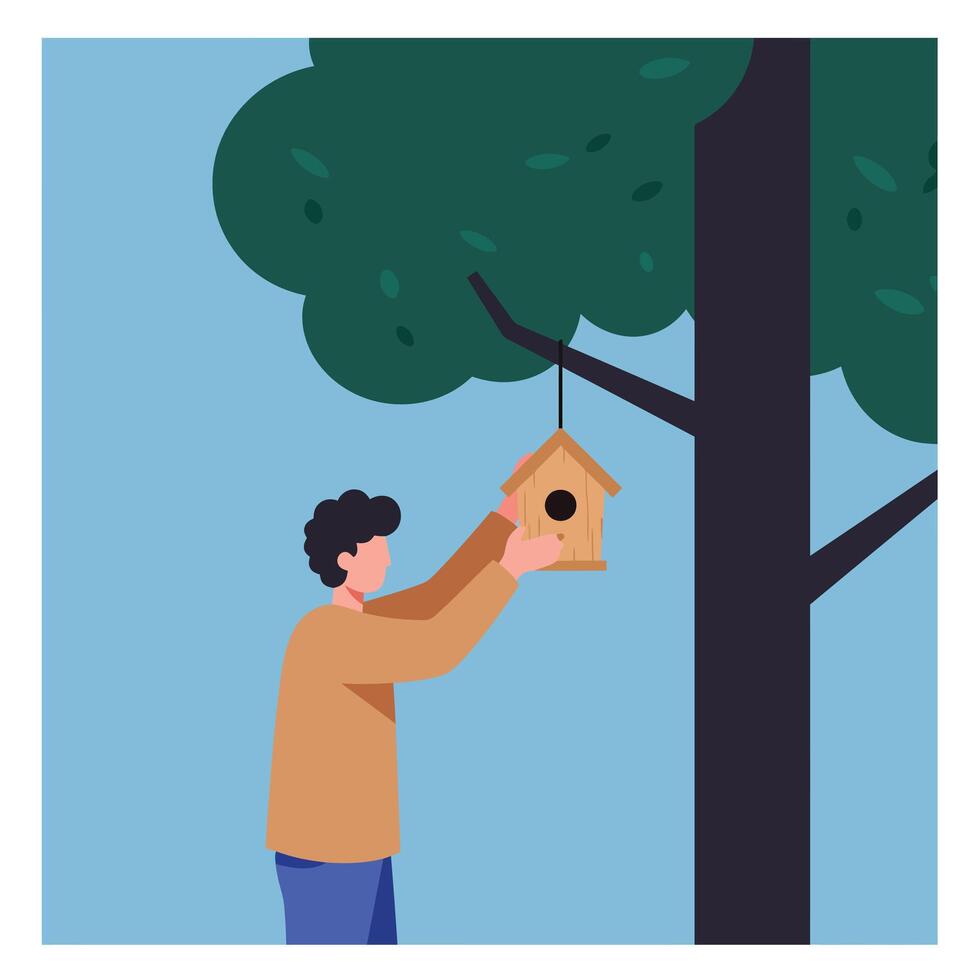 Person hanging a birdhouse on a tree in flat art vector