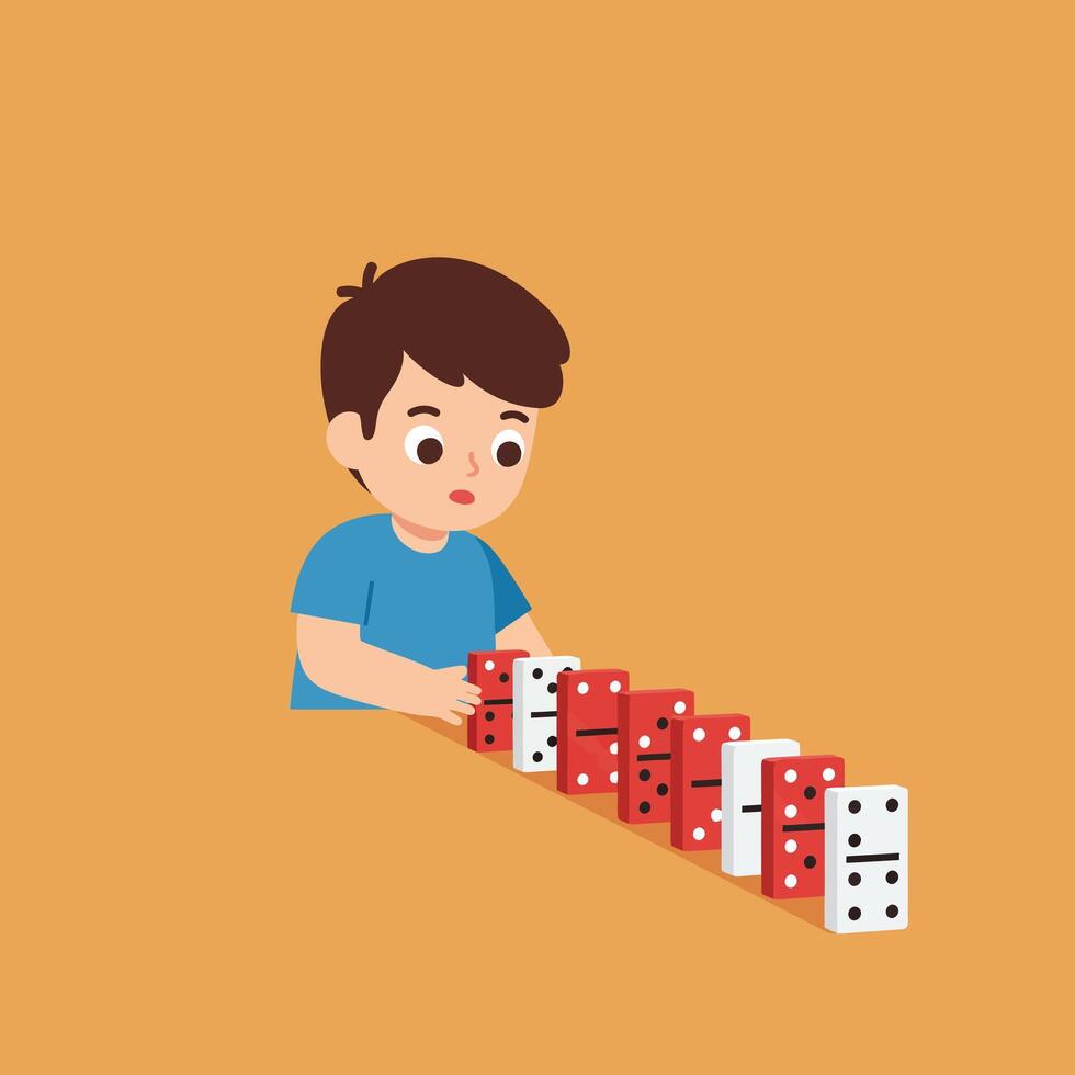 Child playing with colorful dominoes in a flat minimal art style vector