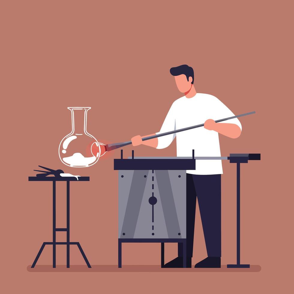 Glassblower shaping molten glass with tools in flat art vector