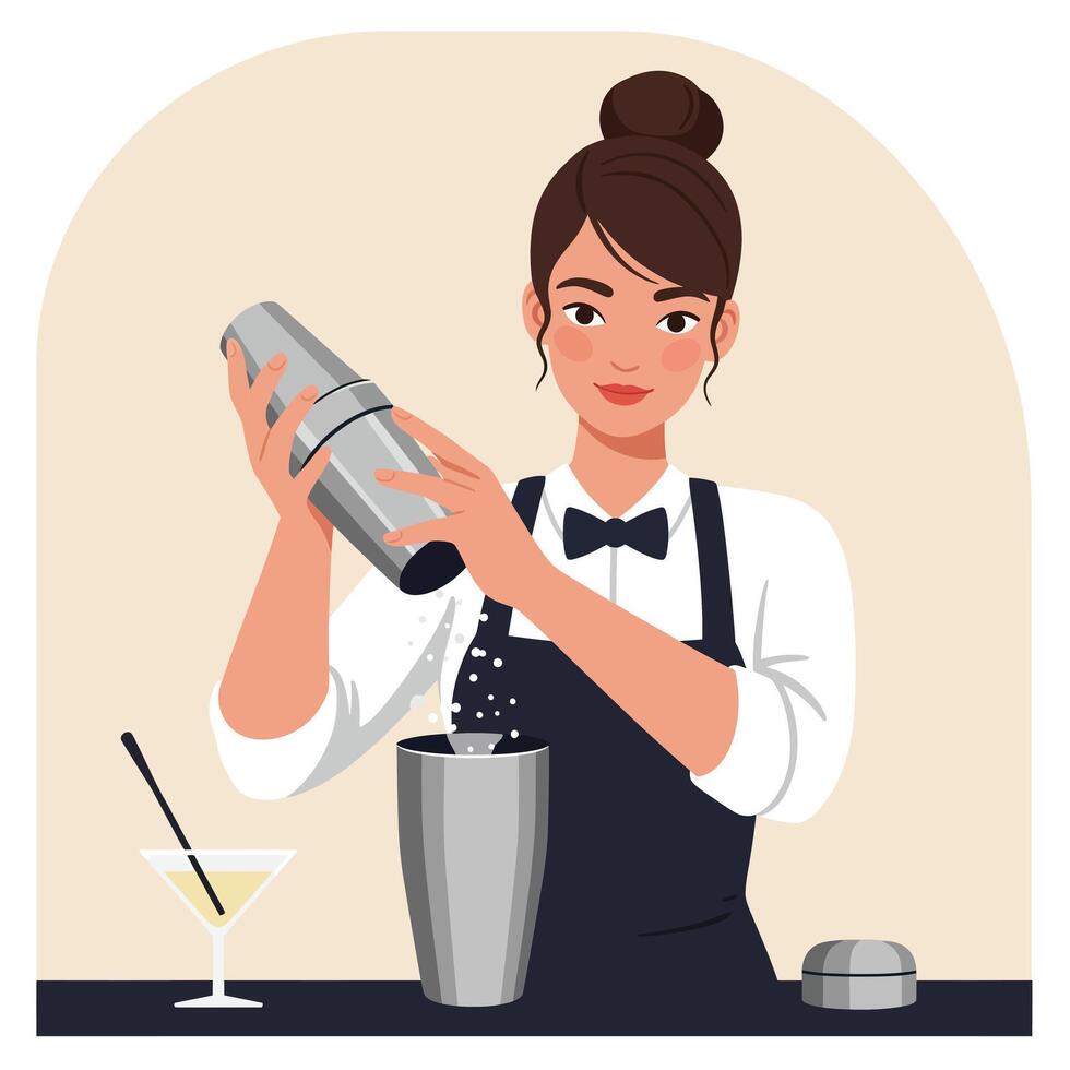 Bartender mixing cocktails with shaker in flat art style vector