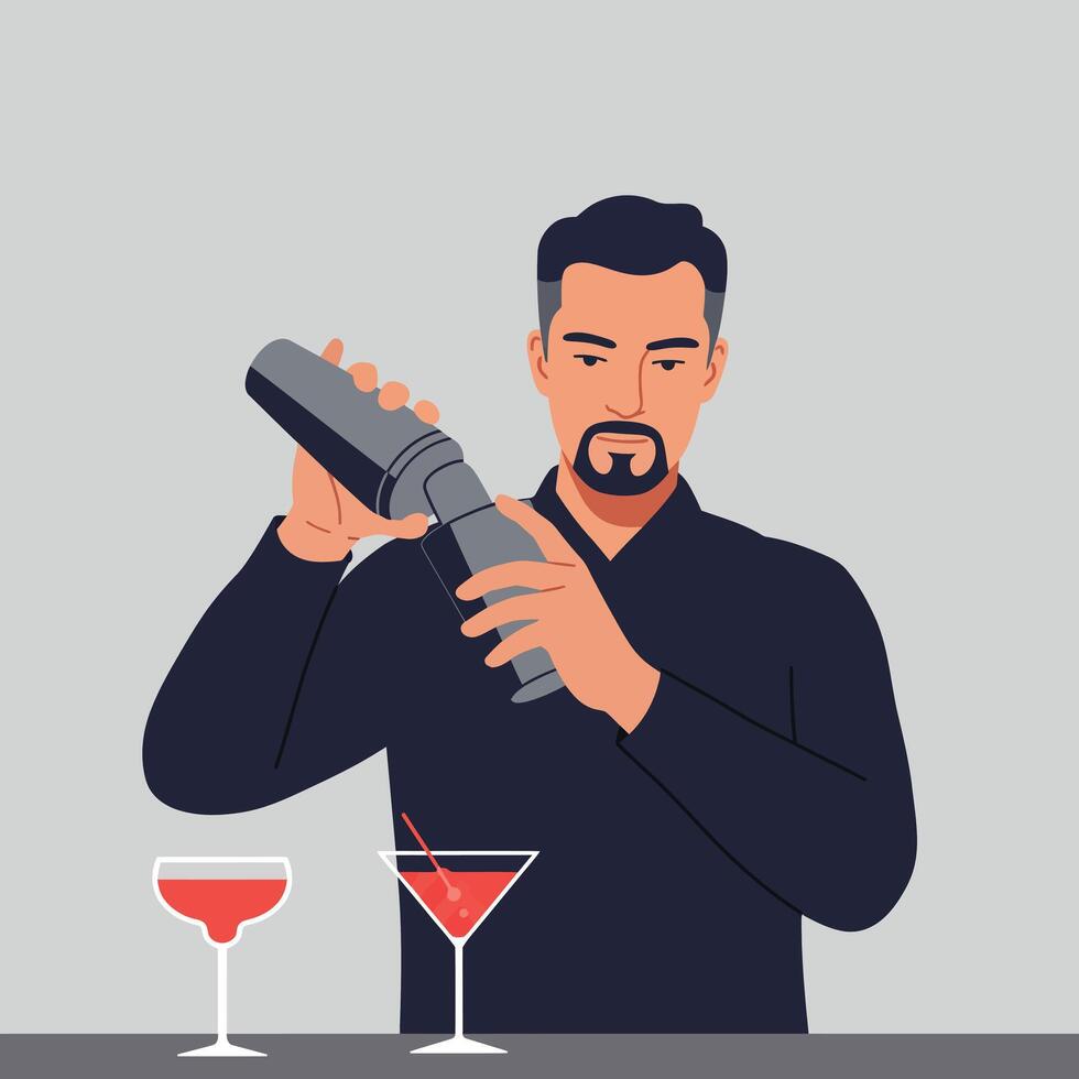 Bartender mixing cocktails in flat design style illustration vector