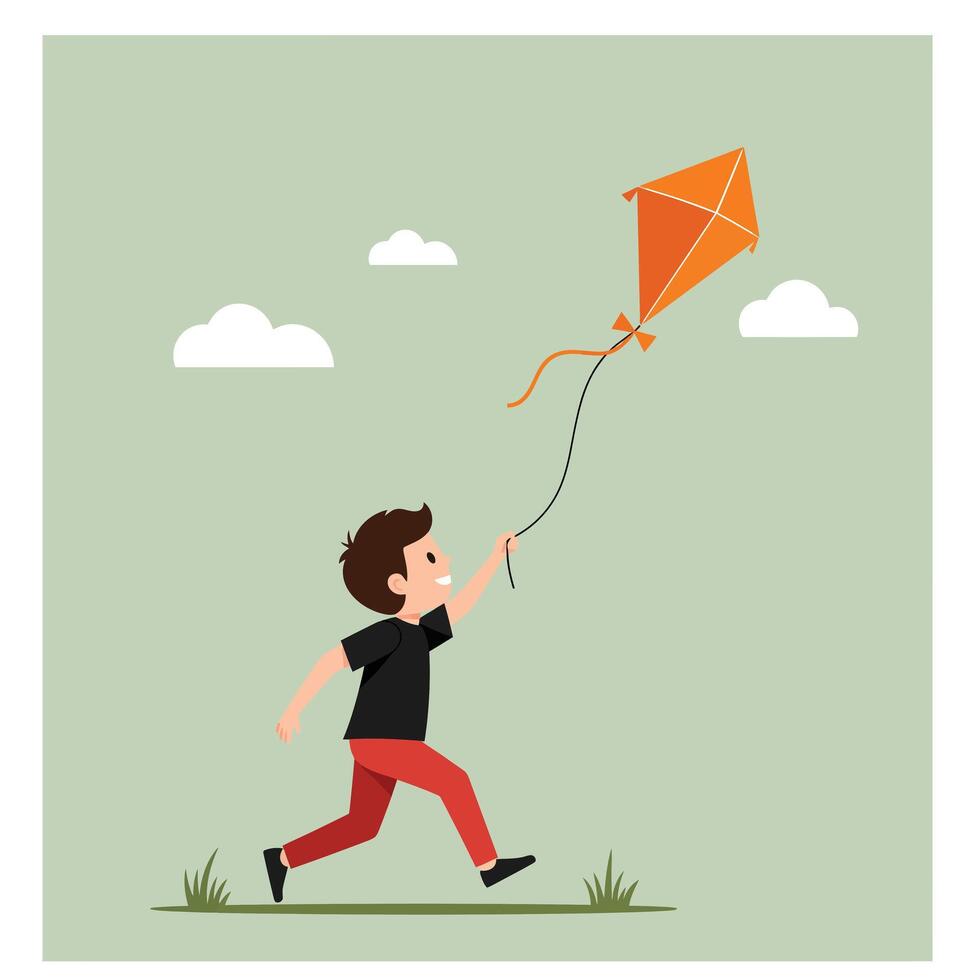 Boy flying a colorful kite in a minimal flat design illustration vector