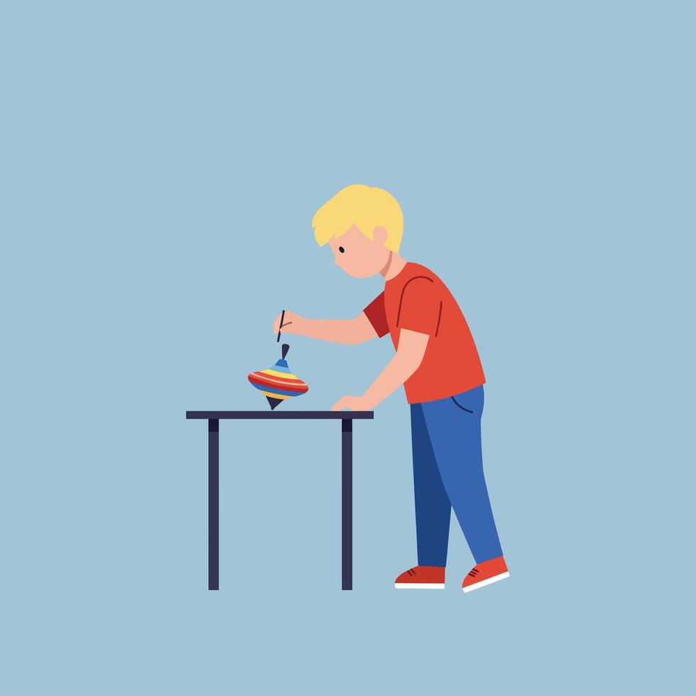 Child Playing with Spinning Top in Flat Minimal Art vector