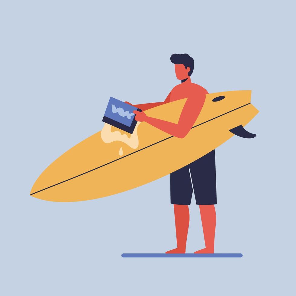 Surfer preparing for ride with surfboard in minimal flat art vector