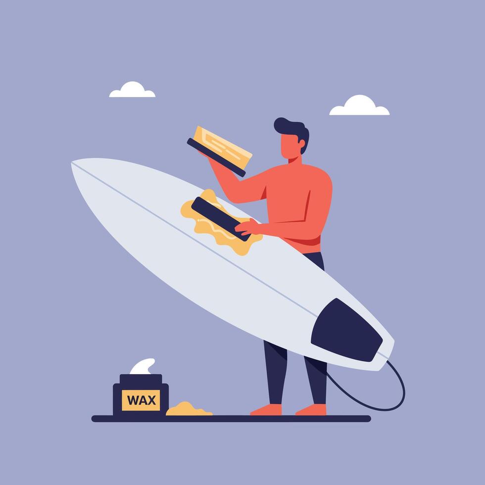 Surfer Preparing Surfboard with Wax in Flat Art Style vector
