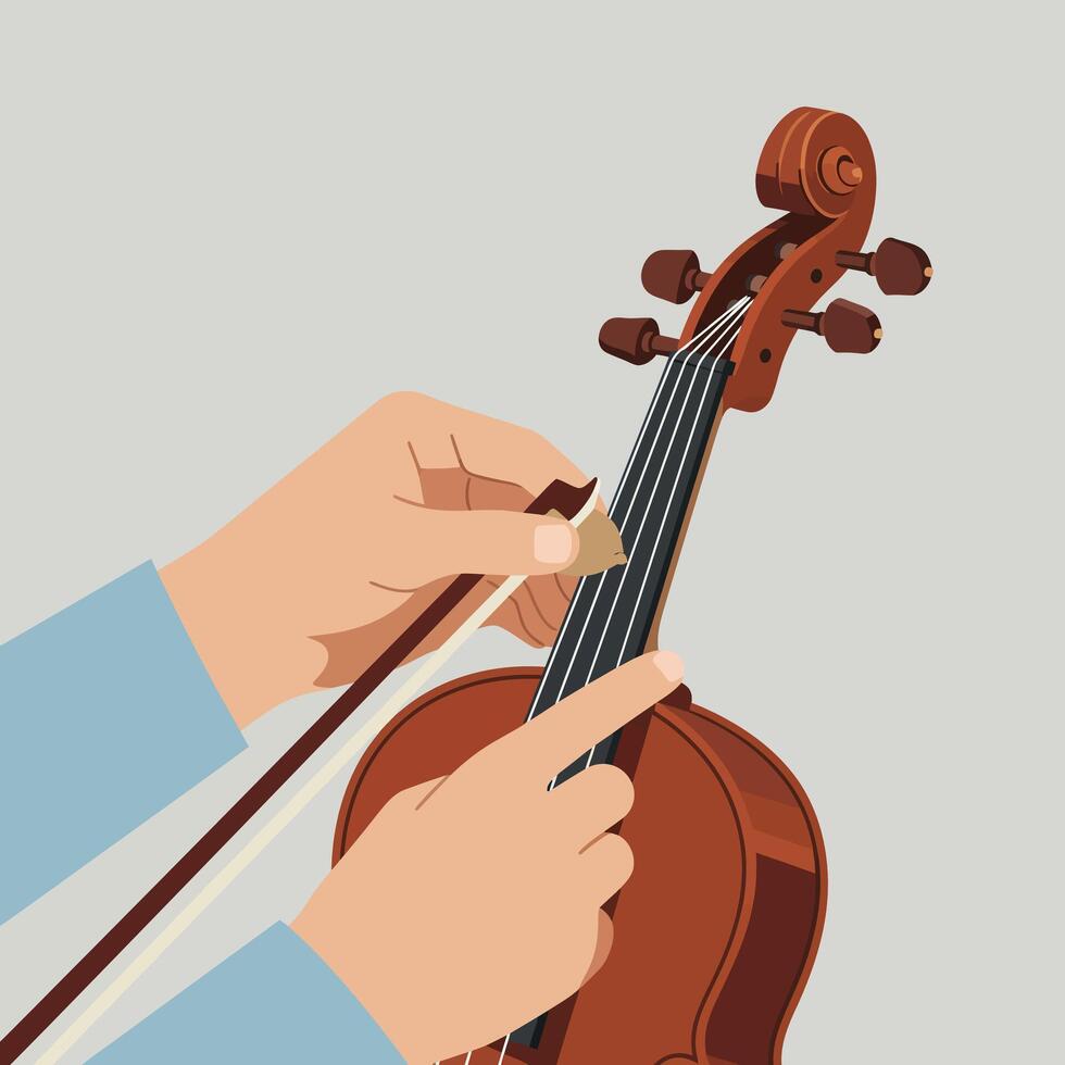 Hands playing violin with bow in flat and minimal art vector