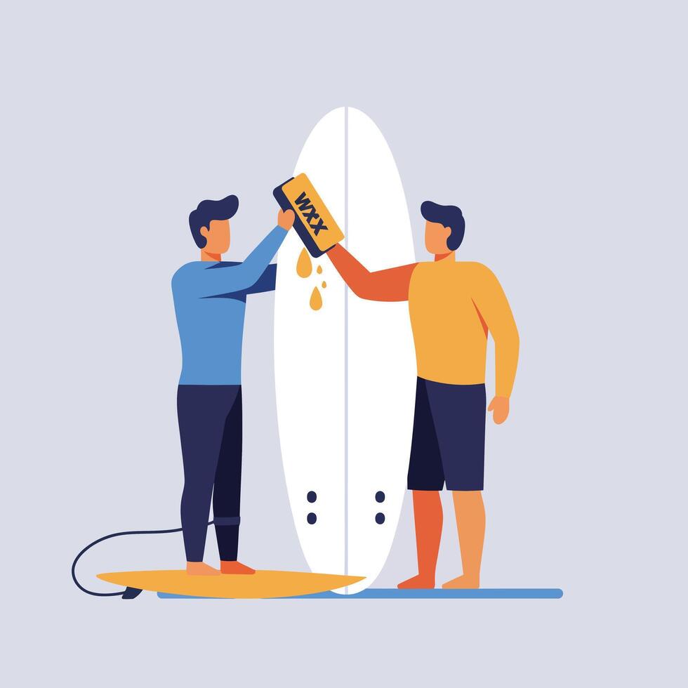 Two surfers preparing a board using flat design art vector