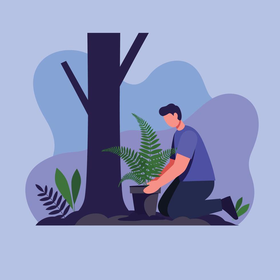 Person planting a fern beside a tree in flat art vector