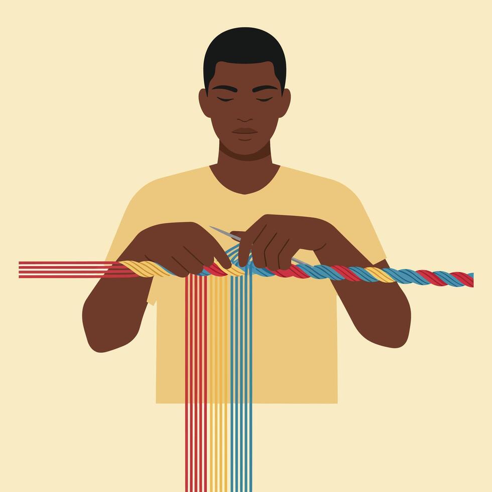 Person weaving colorful threads in flat minimalist art style vector
