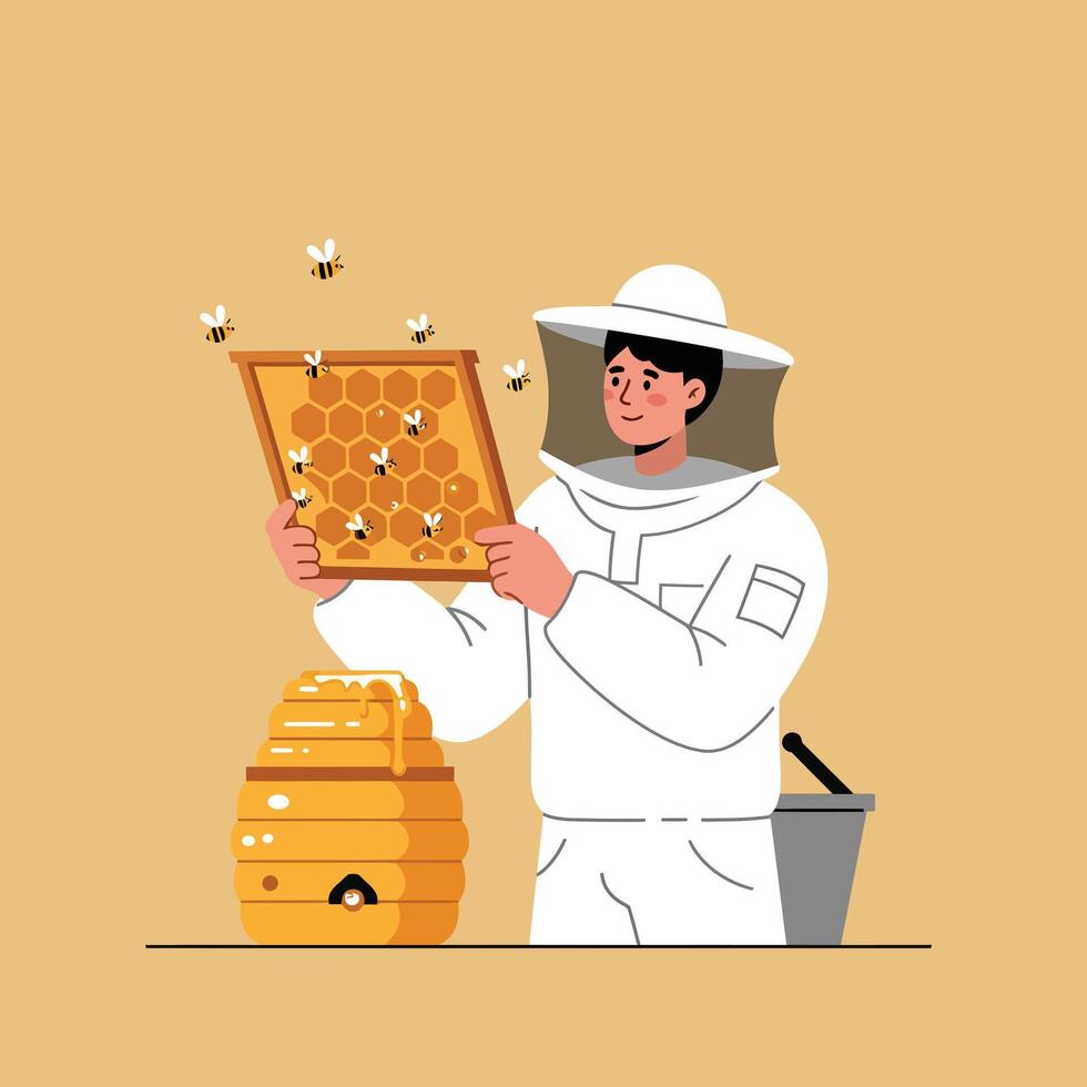 Beekeeper inspecting honeycomb frame in flat and colorful art vector