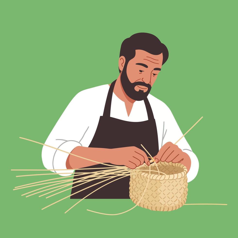 Man crafting a woven basket with natural materials in flat art vector