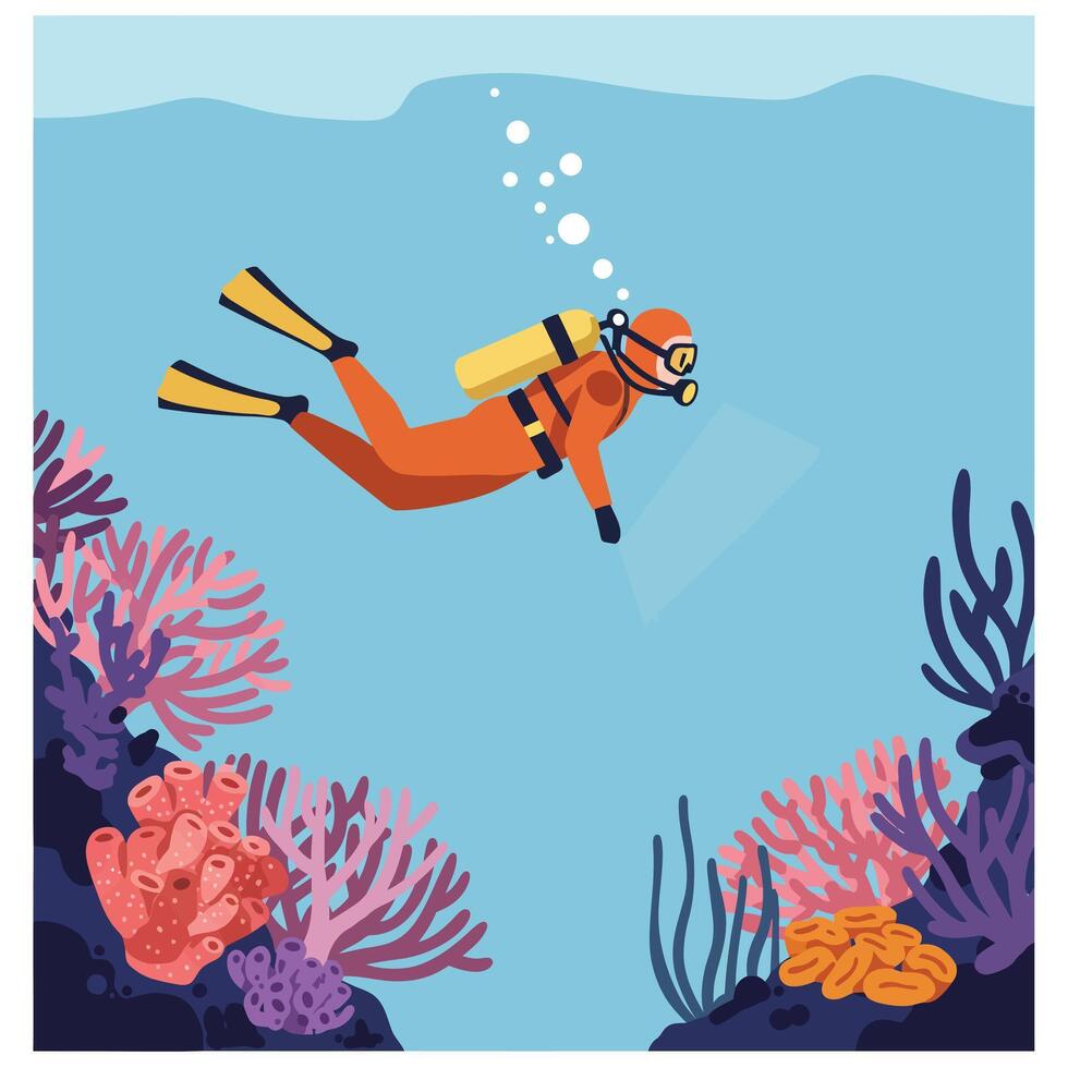Scuba diver exploring vibrant coral reef in flat art style vector