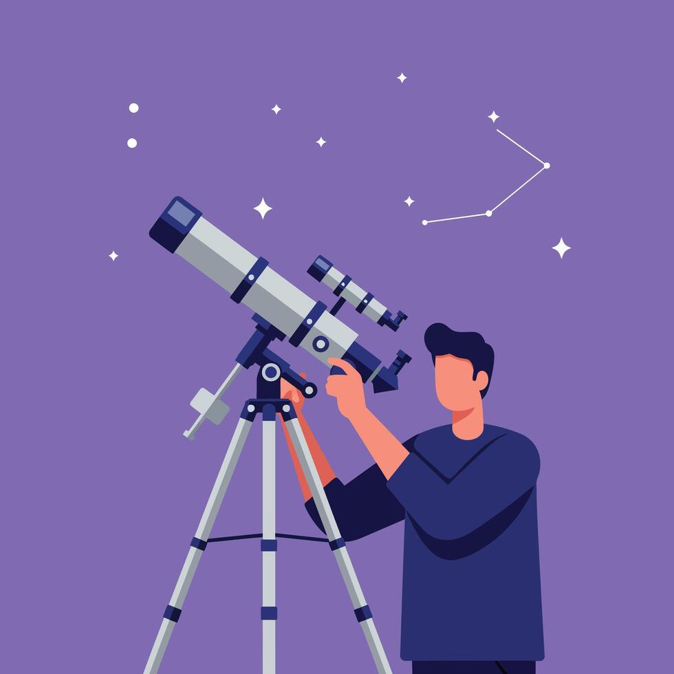 Person observing stars with telescope in flat art style vector