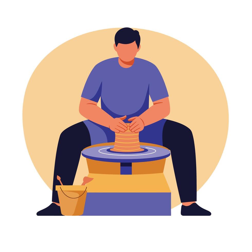 Potter shaping clay on wheel in flat art style illustration vector