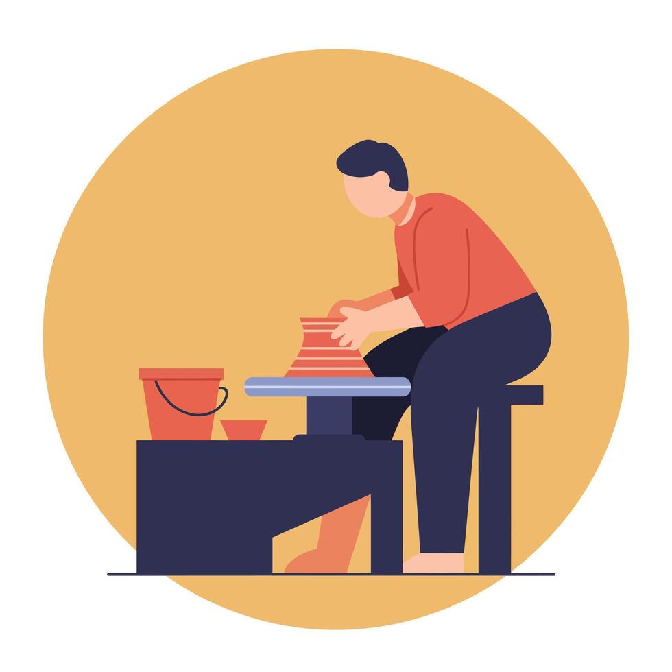 Pottery artisan shaping clay on wheel in flat art style vector