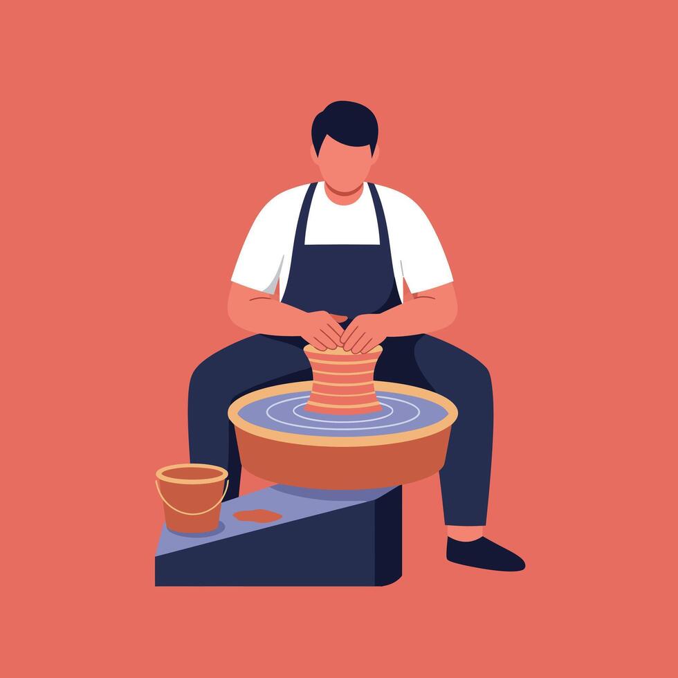 Potter shaping clay on a wheel in flat art style vector
