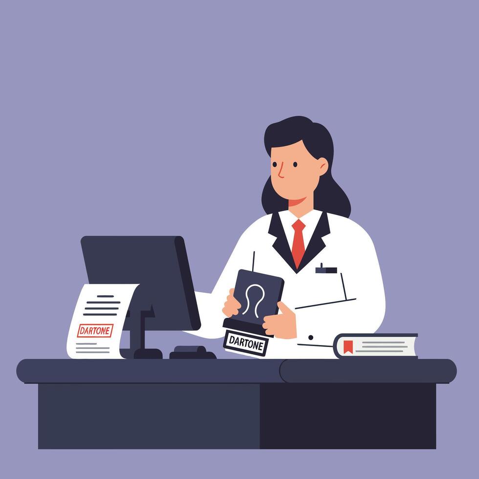 Doctor in white coat analyzing patient data on computer flat art vector