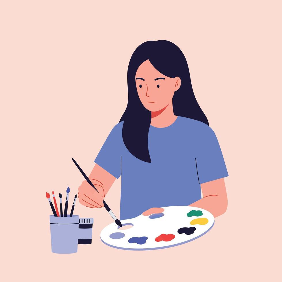 Artist creating vibrant colors with paintbrush in flat illustration vector