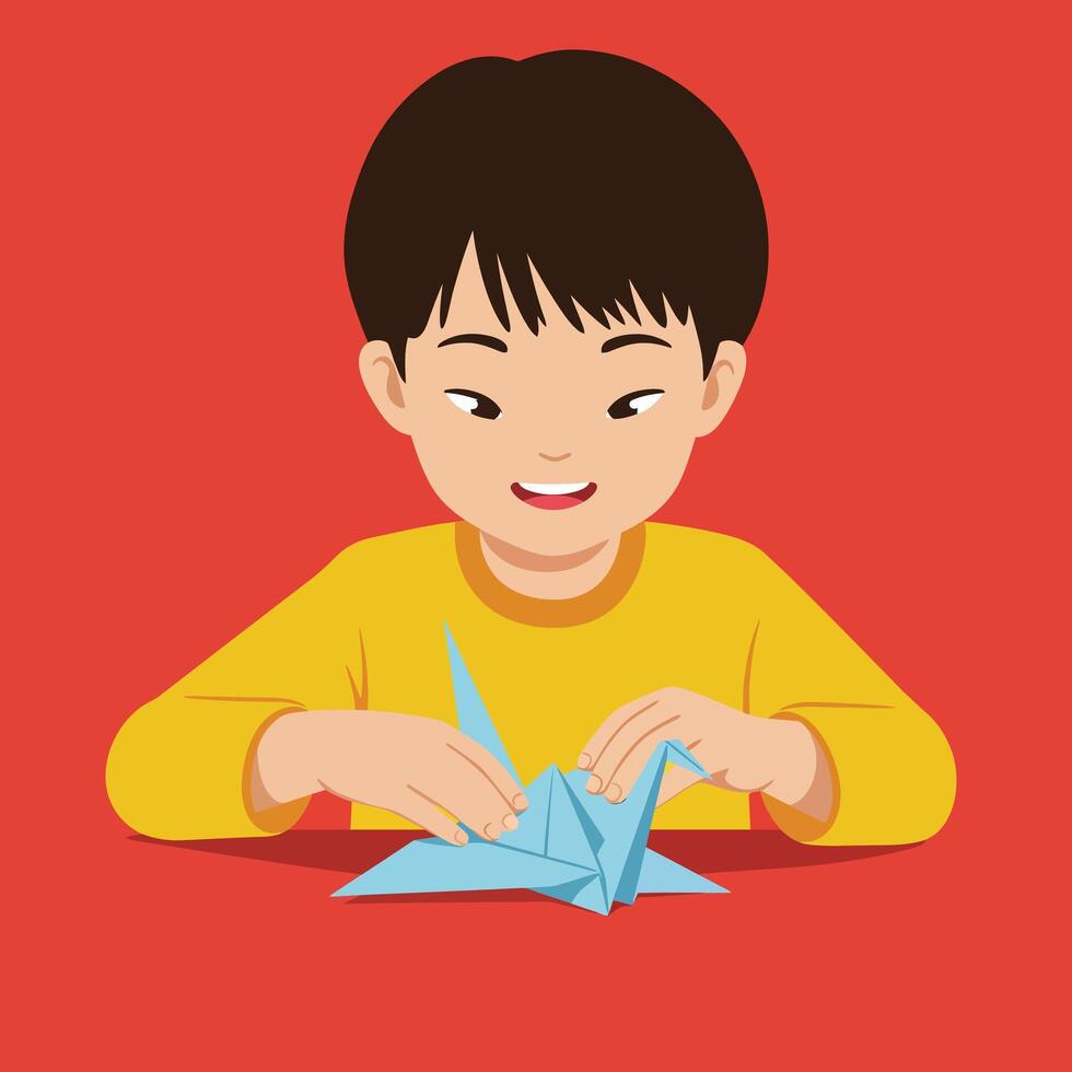 Child happily folding blue origami paper in minimal flat design art vector
