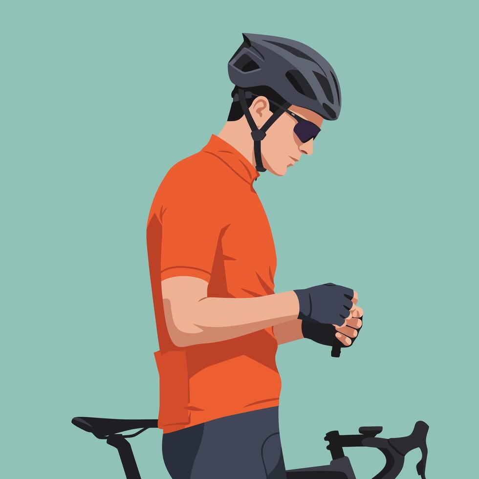Cyclist preparing for ride in flat illustration style showcasing athletic gear and bike vector