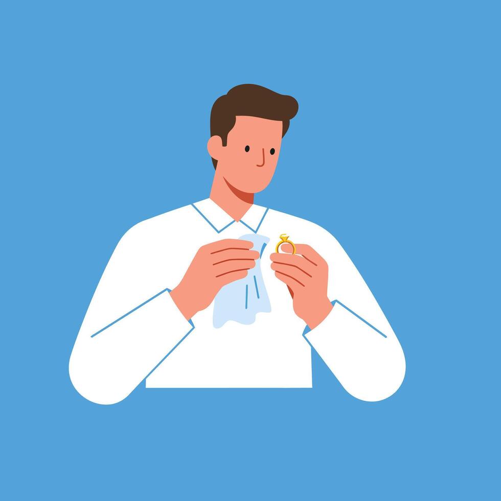 Man holding a small bottle with a cloth, flat illustration vector